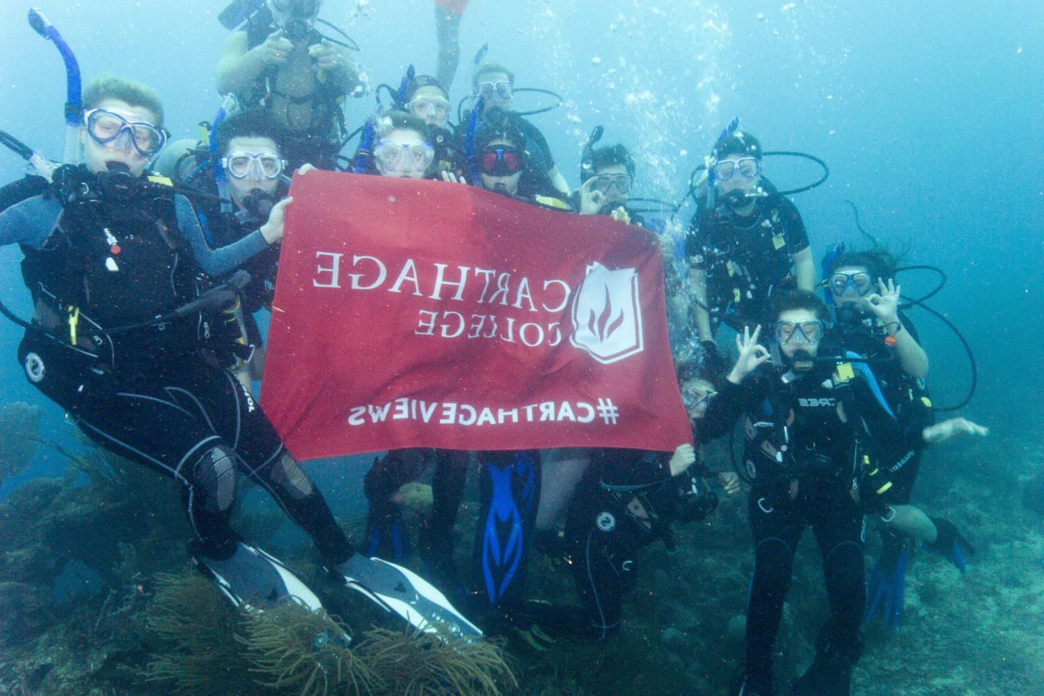 学生们手持<a href='http://znhb.ngskmc-eis.net'>bv伟德ios下载</a>旗帜，在j学期洪都拉斯游学之旅中潜水.
